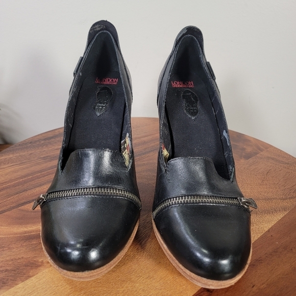 London Underground Black Leather Heeled Loafers With Zipper Accent Size 9 - Picture 6 of 17